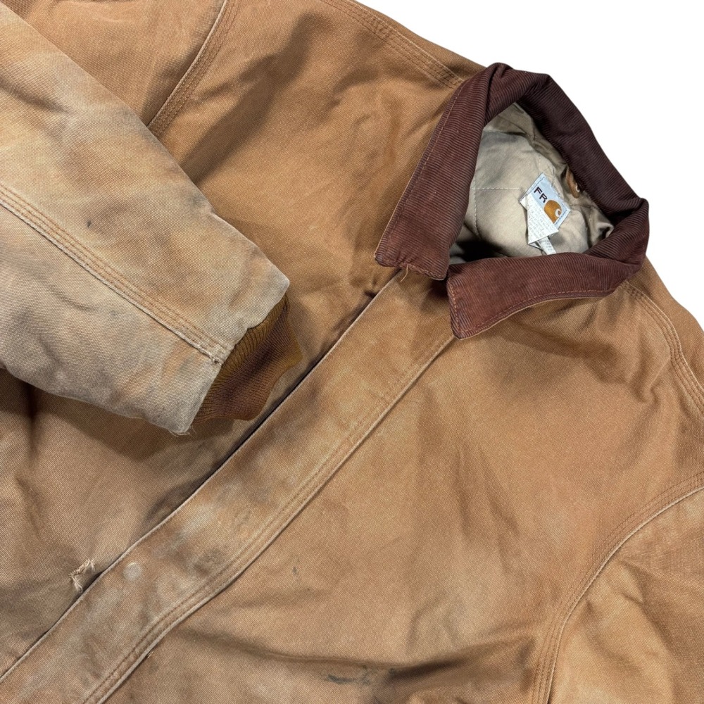 VTG Carhartt FR Flame Resistant Brown Canvas Chore Work Jacket USA made thrashed